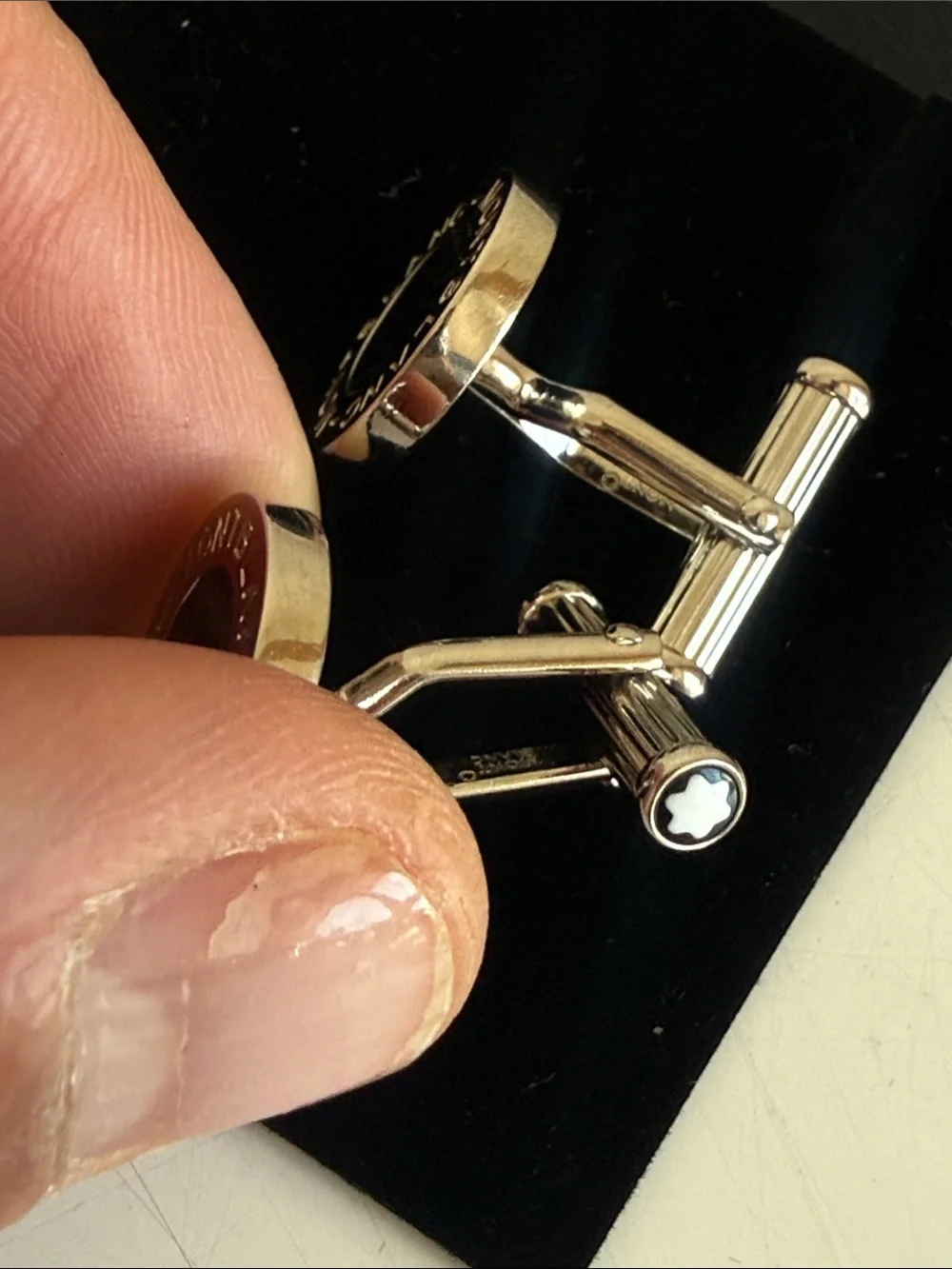 Montblanc Black and Silver Carbon Fiber Round Logo Cufflinks